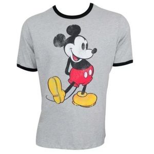 Disney Mickey Mouse Crewneck Ringer Tee Shirt With Black Trim Neckline, Sleeves